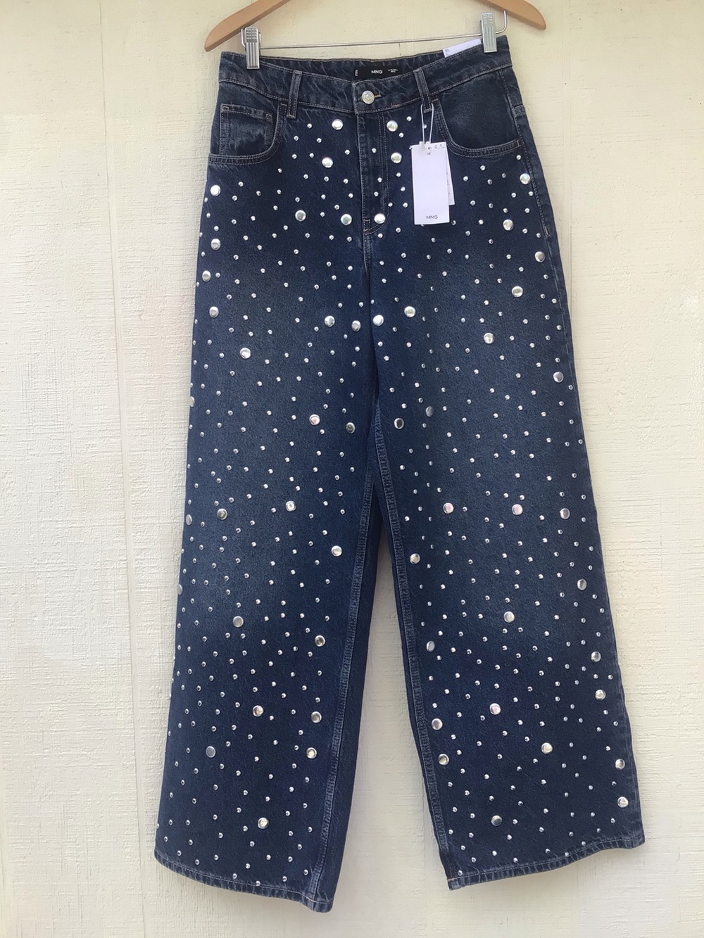 Mango studded blue straight leg jeans wide flare